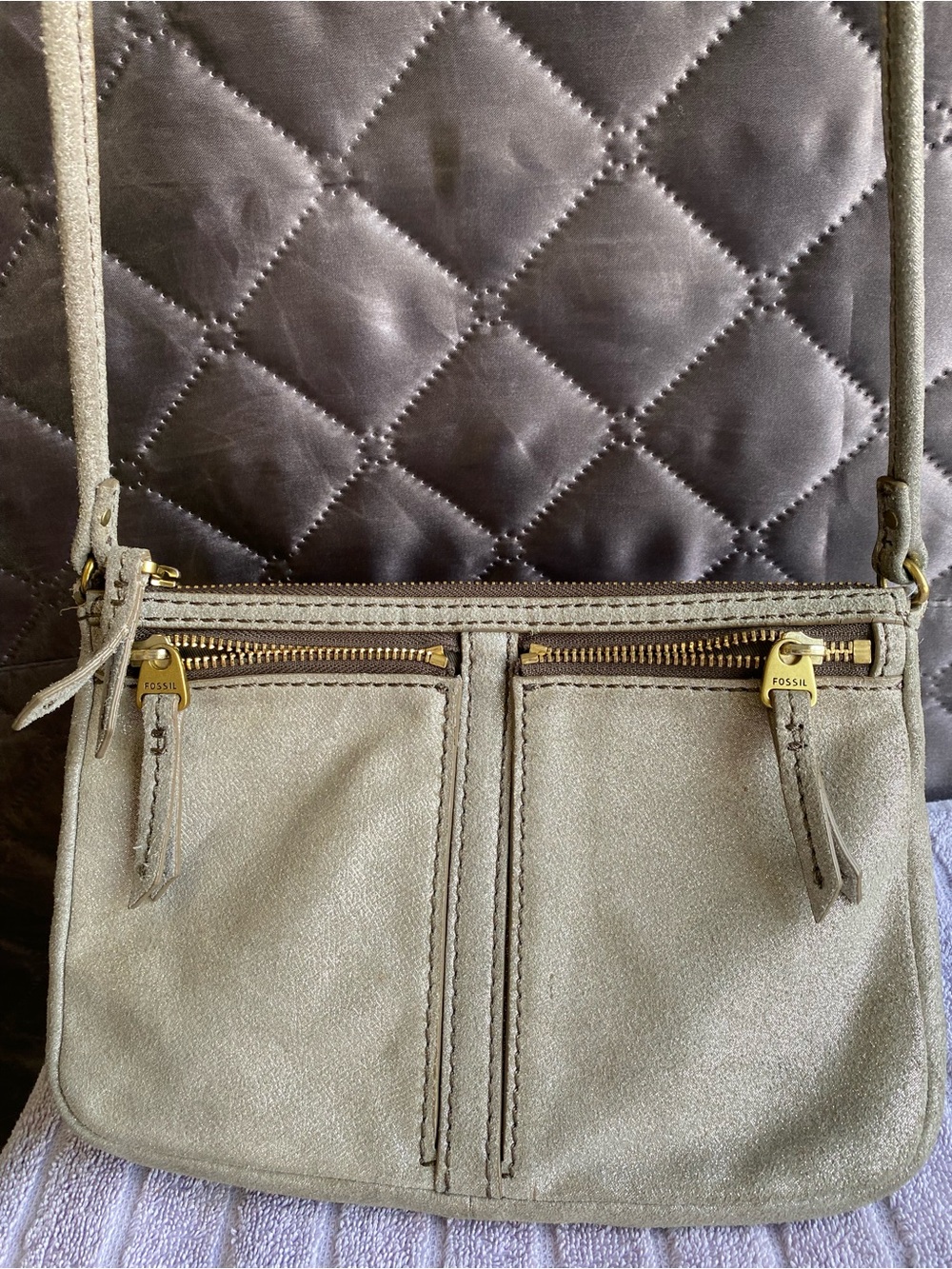Fossil Erin Metallic Silver Leather Crossbody Bag Purse | Small Utility GUC